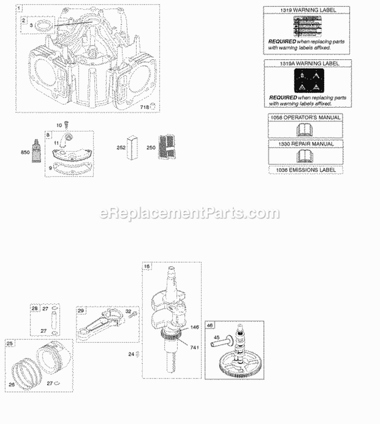 Camshaft Crankshaft Cylinder Piston Rings Connecting Rod Diagram and Parts List for 401577-0125-B1  Briggs and Stratton Engine